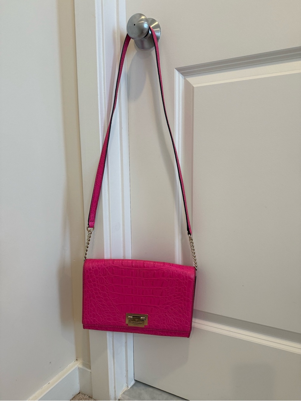 Hot Pink Croc-Embossed Crossbody Bag with Gold-Tone Hardware